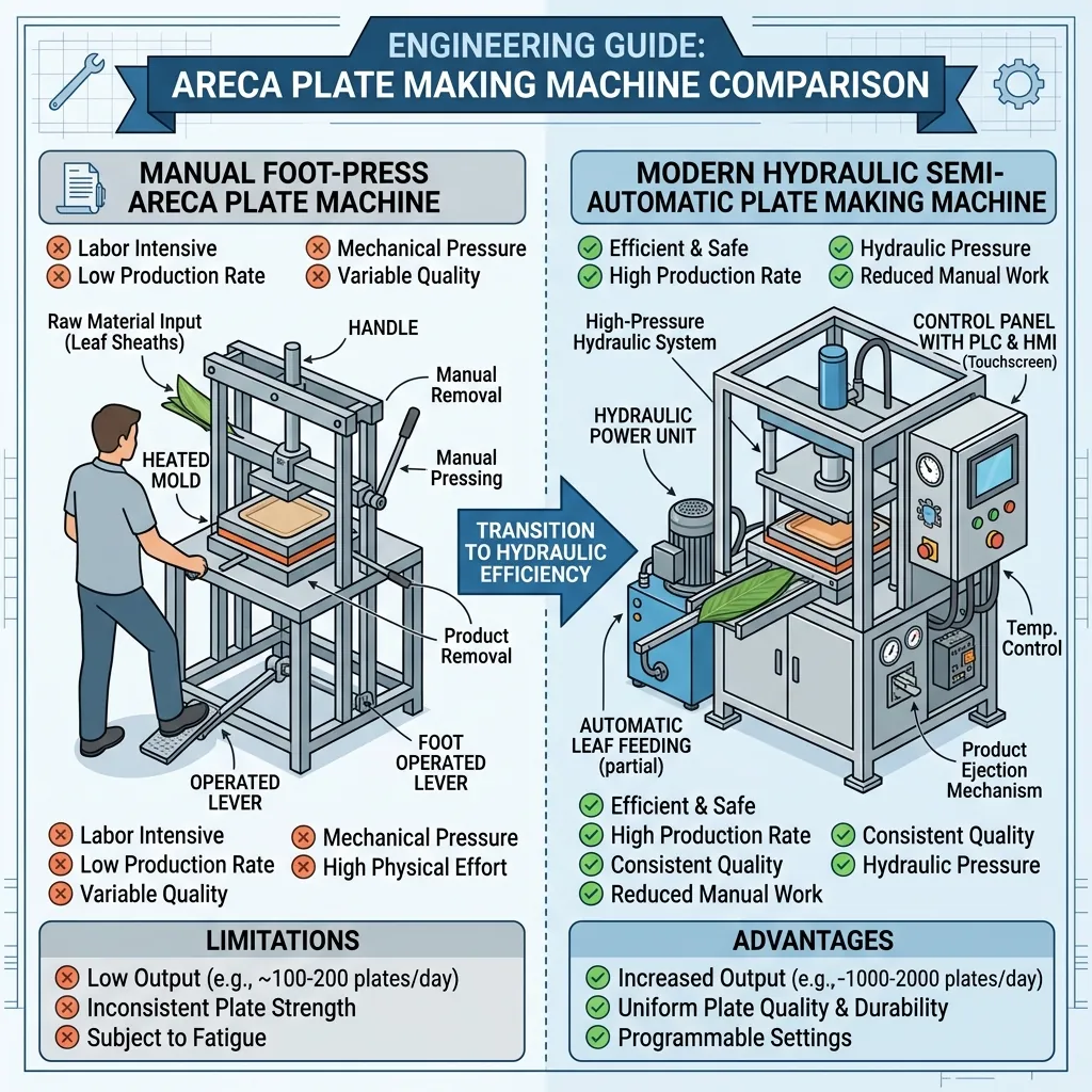Double-die hydraulic areca leaf plate making machine setup comparison