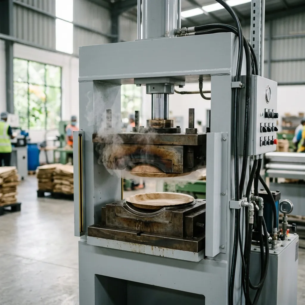 Operational hydraulic press making compostable disposable tableware